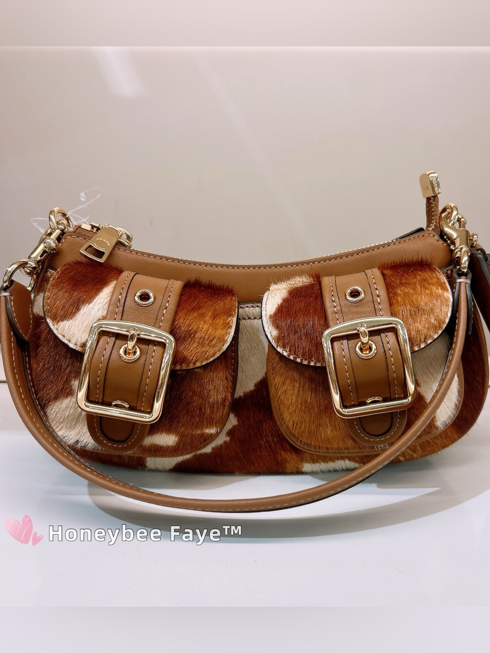 Coach Ashton Brown and White Cowhide Shoulder Bag with Gold Hardware